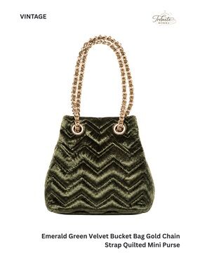 Emerald Green Velvet Bucket Bag Gold Chain Strap Quilted Mini Purse